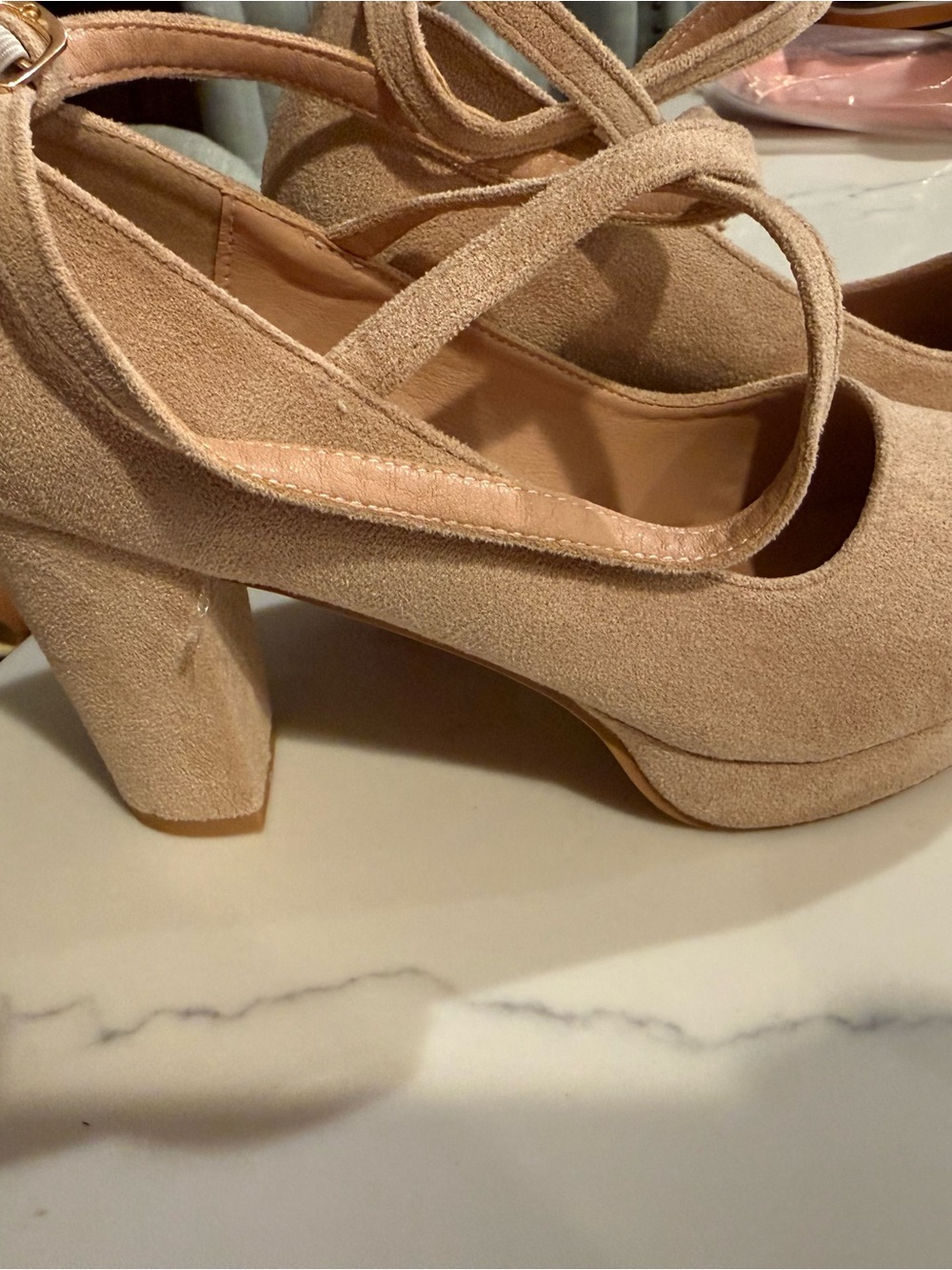 Women's Suede Block Heel Mary Jane Pumps in Beige